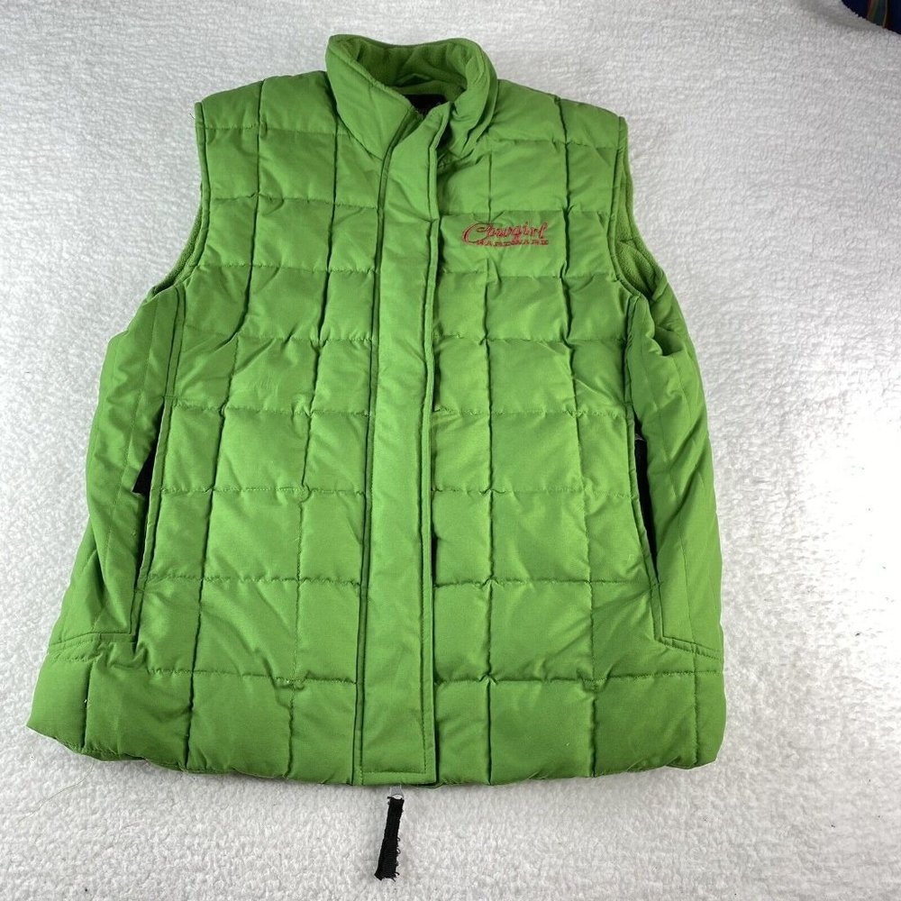 Cowgirl Hardware Vest Womens Large Green Down Puffer Fleece Lining Zip Pockets